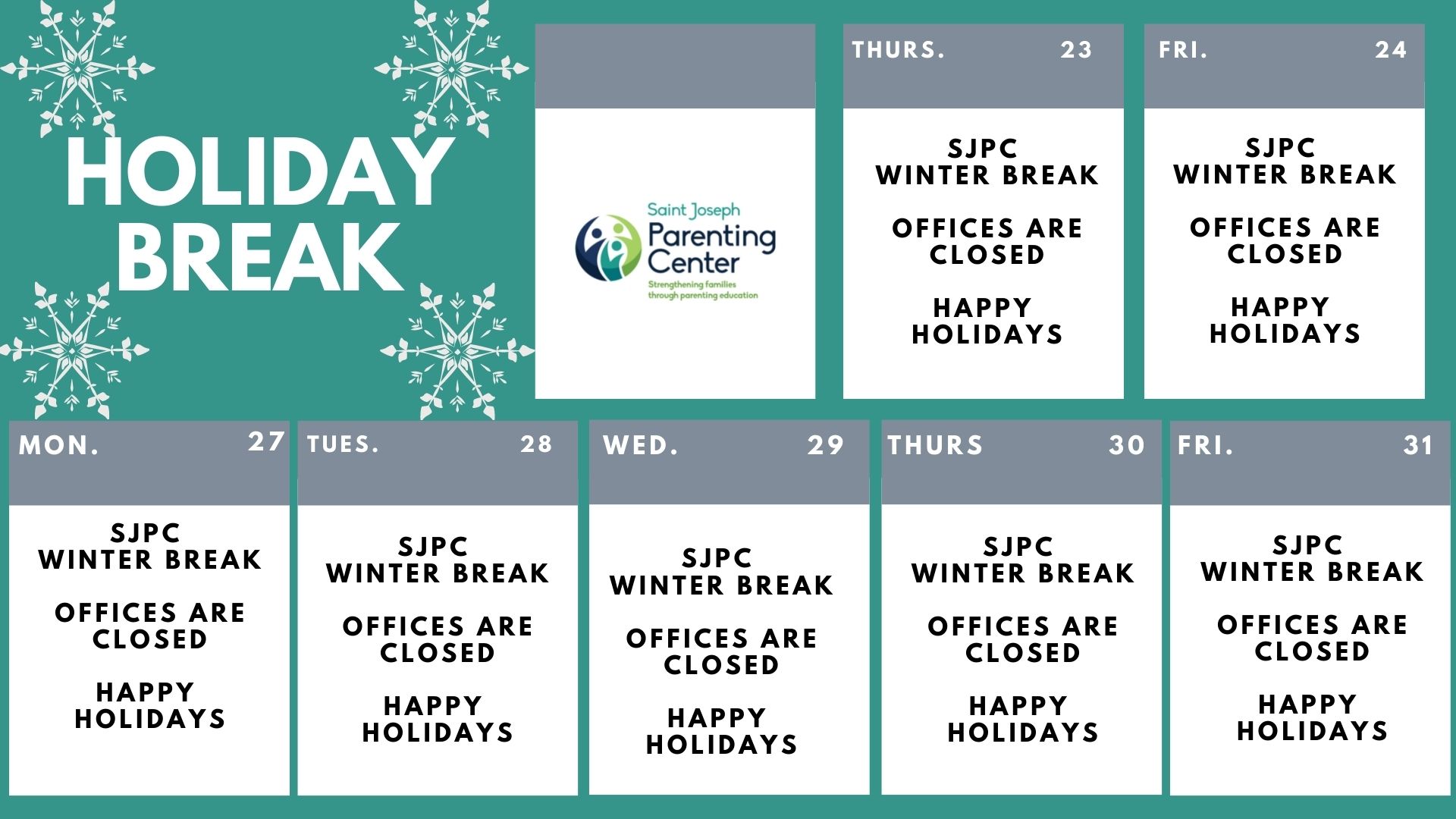 SJPC Holiday Break – Offices Closed